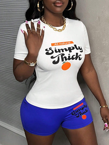 Summer Casual Simple Round Neck Short-Sleeved White Fruit Letter Print T-Shirt Slim Shorts Blue Cycling Pants Women's Two-Piece Set-E