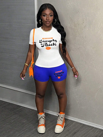 Summer Casual Simple Round Neck Short-Sleeved White Fruit Letter Print T-Shirt Slim Shorts Blue Cycling Pants Women's Two-Piece Set-E