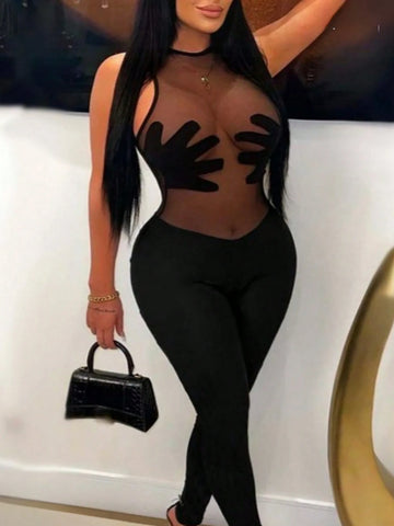 Summer Casual Simple Sexy See-Through Palm Pattern Tight Women's Tight Jumpsuit Unitard-I