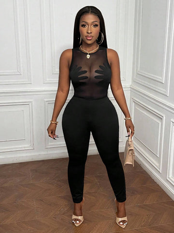 Summer Casual Simple Sexy See-Through Palm Pattern Tight Women's Tight Jumpsuit Unitard-I