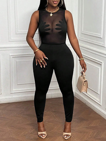 Summer Casual Simple Sexy See-Through Palm Pattern Tight Women's Tight Jumpsuit Unitard-I