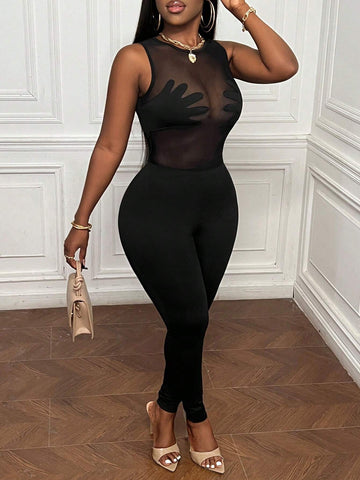 Summer Casual Simple Sexy See-Through Palm Pattern Tight Women's Tight Jumpsuit Unitard-I