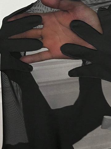 Summer Casual Simple Sexy See-Through Palm Pattern Tight Women's Tight Jumpsuit Unitard-I