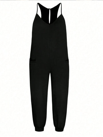 Summer Casual Solid Color Pocket Sleeveless Jumpsuit