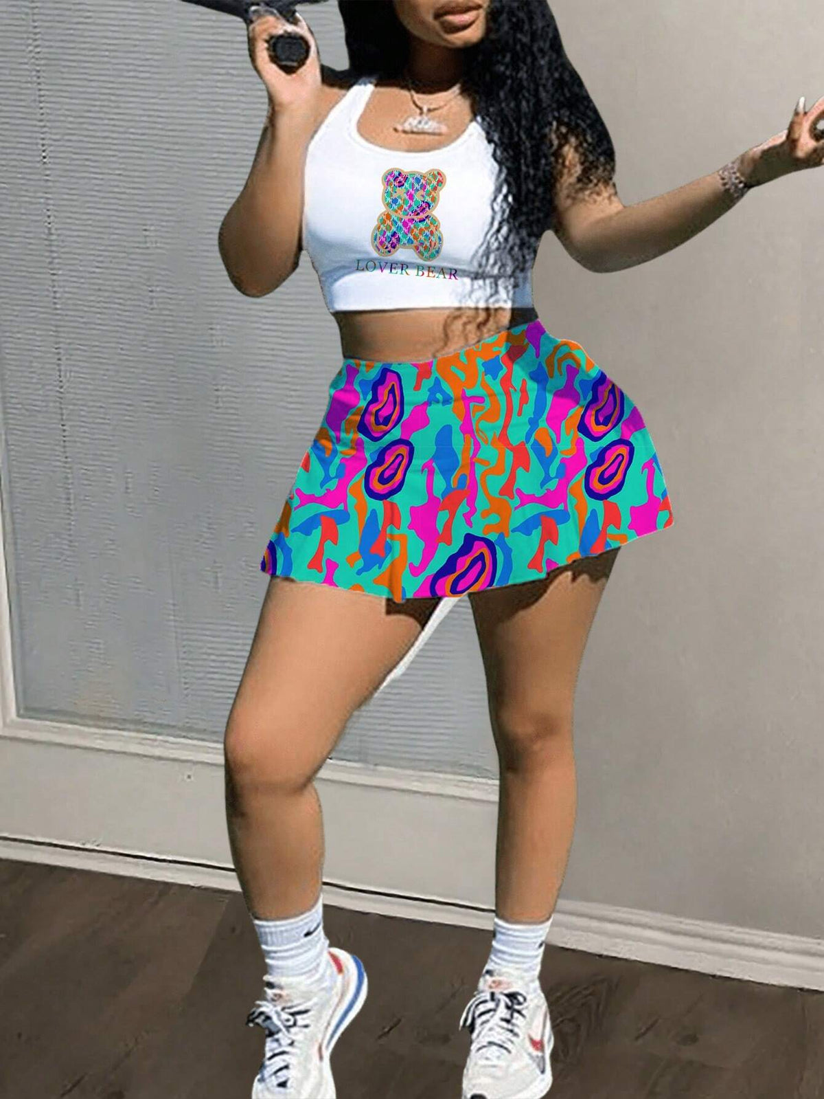 Summer Casual U-Neck Vest Truncated Colorful Bear Print Top Mini Smudged Colorful Skirt Women's Two-Piece Set