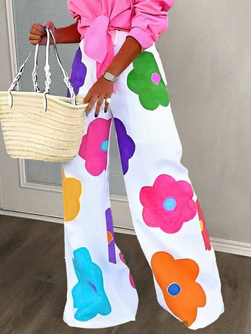 Slayr Summer Casual Vacation Colorful Flower All-Over Printed Wide-Leg Pants For Women