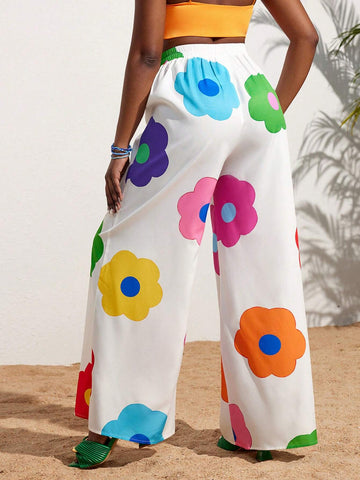 Slayr Summer Casual Vacation Colorful Flower All-Over Printed Wide-Leg Pants For Women