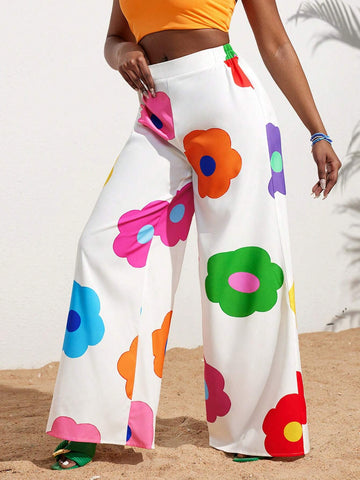 Slayr Summer Casual Vacation Colorful Flower All-Over Printed Wide-Leg Pants For Women