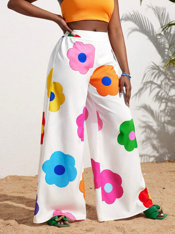 Slayr Summer Casual Vacation Colorful Flower All-Over Printed Wide-Leg Pants For Women