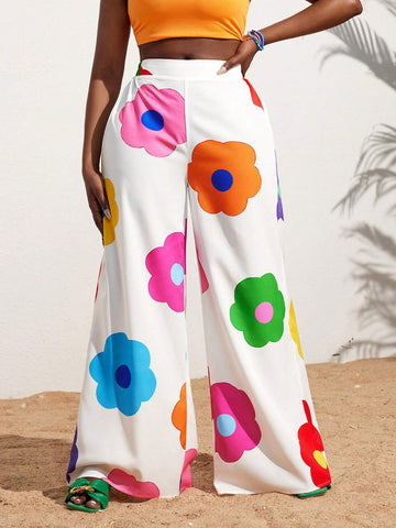 Slayr Summer Casual Vacation Colorful Flower All-Over Printed Wide-Leg Pants For Women