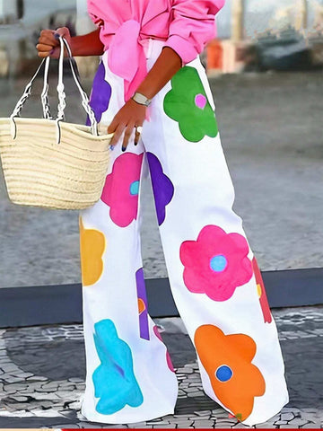 Slayr Summer Casual Vacation Colorful Flower All-Over Printed Wide-Leg Pants For Women