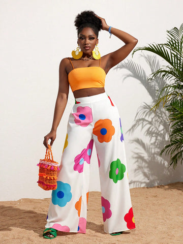Slayr Summer Casual Vacation Colorful Flower All-Over Printed Wide-Leg Pants For Women