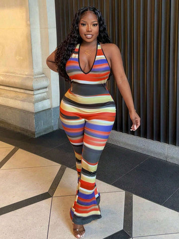 Summer Casual Vacation Halterneck Backless Tight Flared Super Long Pants With All-Over Colorful Print Women's Tight Jumpsuit-K