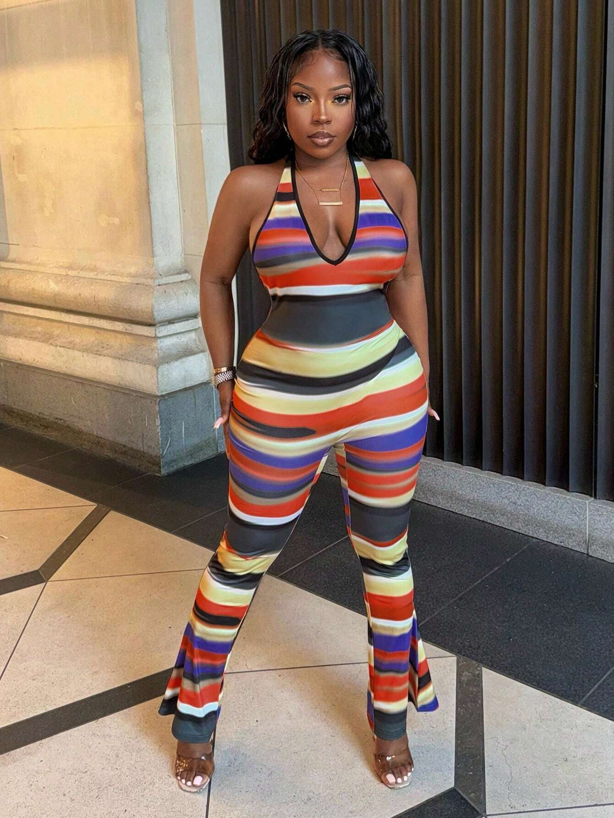 Summer Casual Vacation Halterneck Backless Tight Flared Super Long Pants With All-Over Colorful Print Women's Tight Jumpsuit-K