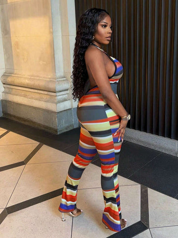 Summer Casual Vacation Halterneck Backless Tight Flared Super Long Pants With All-Over Colorful Print Women's Tight Jumpsuit-K