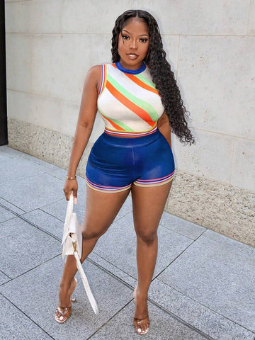 Summer Casual Vacation Round Neck Sleeveless Cropped Top, Tight Mini Shorts, All-Over Colorful Twill Print Women's Two-Piece Set-H