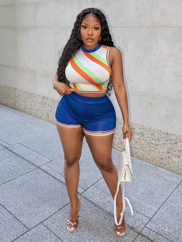 Summer Casual Vacation Round Neck Sleeveless Cropped Top, Tight Mini Shorts, All-Over Colorful Twill Print Women's Two-Piece Set-H