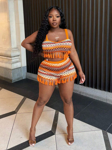 Summer Casual Vacation Style Shoulder Straps Heart-Shaped Collar Cropped Vest Mini Shorts Colorful Striped Slim Fit Women's Two-Piece Set