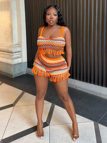 Summer Casual Vacation Style Shoulder Straps Heart-Shaped Collar Cropped Vest Mini Shorts Colorful Striped Slim Fit Women's Two-Piece Set