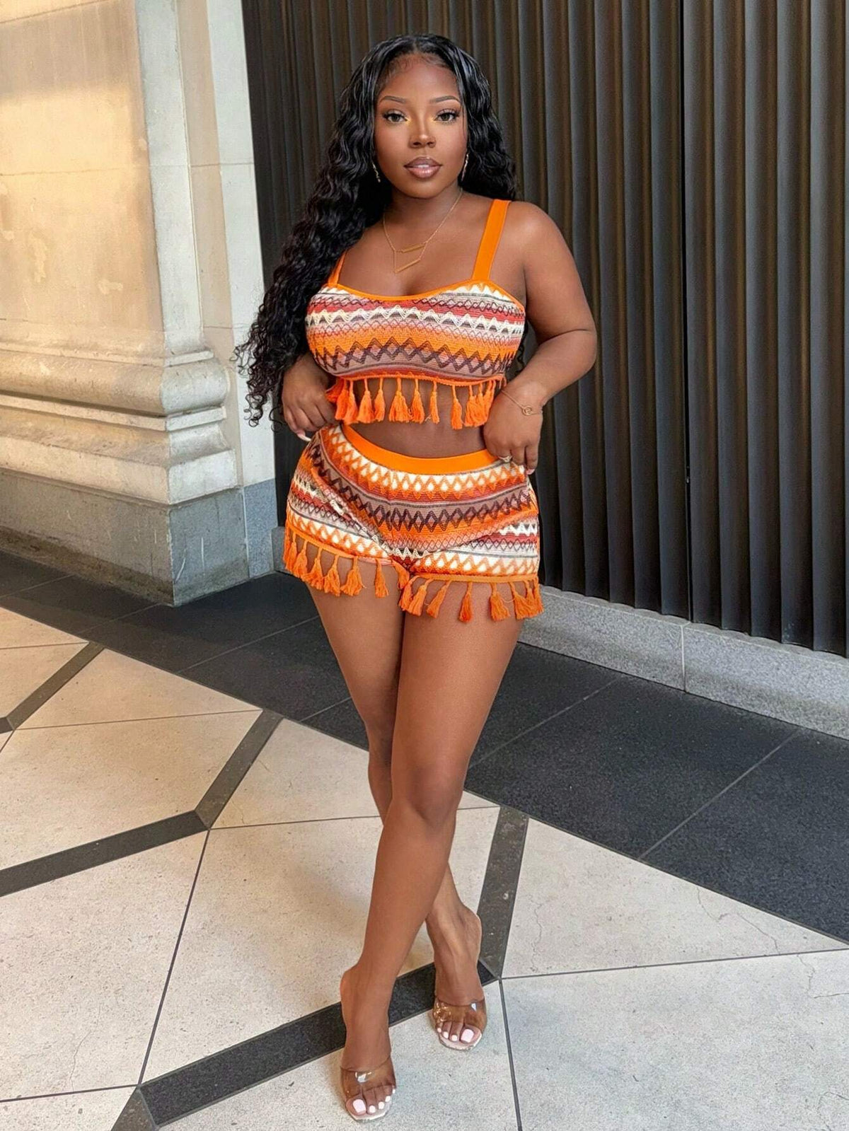 Summer Casual Vacation Style Shoulder Straps Heart-Shaped Collar Cropped Vest Mini Shorts Colorful Striped Slim Fit Women's Two-Piece Set