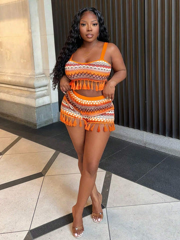 Summer Casual Vacation Style Shoulder Straps Heart-Shaped Collar Cropped Vest Mini Shorts Colorful Striped Slim Fit Women's Two-Piece Set