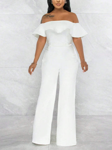 Summer Elegant One-Shoulder Ruffle Collar Fitted Wide-Leg Trousers White Women's Jumpsuit-L