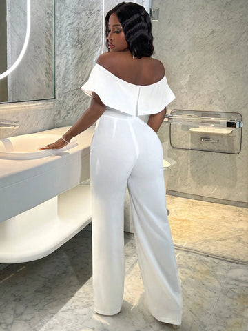 Summer Elegant One-Shoulder Ruffle Collar Fitted Wide-Leg Trousers White Women's Jumpsuit-L