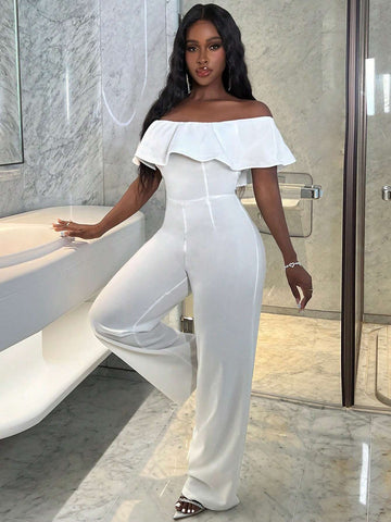 Summer Elegant One-Shoulder Ruffle Collar Fitted Wide-Leg Trousers White Women's Jumpsuit-L