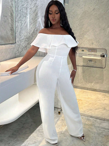 Summer Elegant One-Shoulder Ruffle Collar Fitted Wide-Leg Trousers White Women's Jumpsuit-L