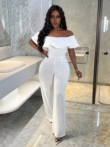 Summer Elegant One-Shoulder Ruffle Collar Fitted Wide-Leg Trousers White Women's Jumpsuit-L