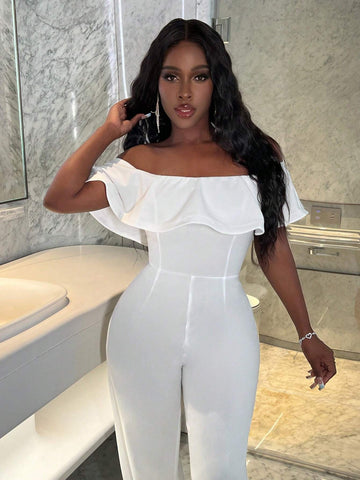 Summer Elegant One-Shoulder Ruffle Collar Fitted Wide-Leg Trousers White Women's Jumpsuit-L