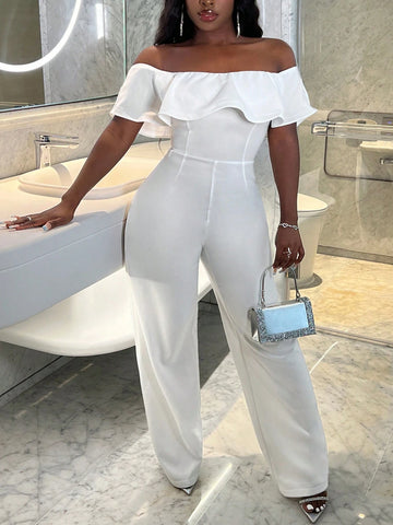 Summer Elegant One-Shoulder Ruffle Collar Fitted Wide-Leg Trousers White Women's Jumpsuit-L