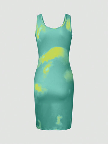 Summer Fashionable Tie-Dye Slim Fit Sleeveless Dress With Notch Neck