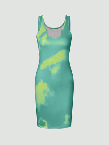 Summer Fashionable Tie-Dye Slim Fit Sleeveless Dress With Notch Neck