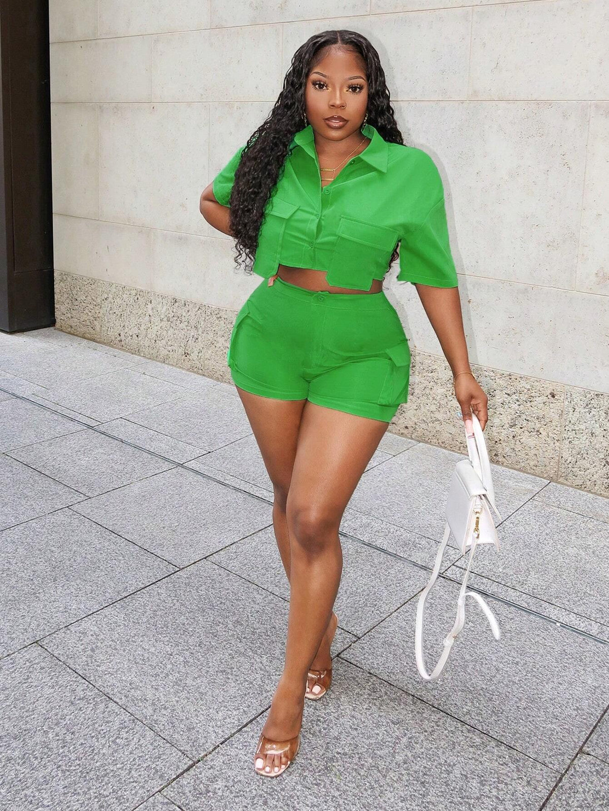Summer Holiday Green Shirt Top And Asymmetrical Cargo Shorts Women's 2pcs Set