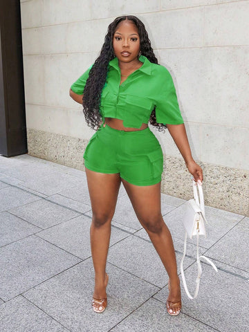 Summer Holiday Green Shirt Top And Asymmetrical Cargo Shorts Women's 2pcs Set