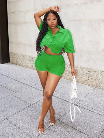 Summer Holiday Green Shirt Top And Asymmetrical Cargo Shorts Women's 2pcs Set