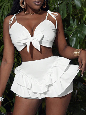 Summer Holiday Sweet Front Tie Sleeveless Top And Tiered Ruffle Shorts Set, Beach Wear For Women -E
