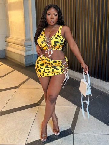 Summer Leisure Vacation, Front Strapped Hollow Truncated Vest, Side Strapped Hollow Mini Skirt, Slim Yellow Leopard Print Women's Two-Piece Set-F