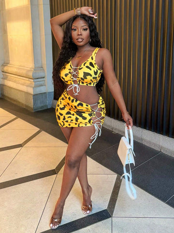 Summer Leisure Vacation, Front Strapped Hollow Truncated Vest, Side Strapped Hollow Mini Skirt, Slim Yellow Leopard Print Women's Two-Piece Set-F