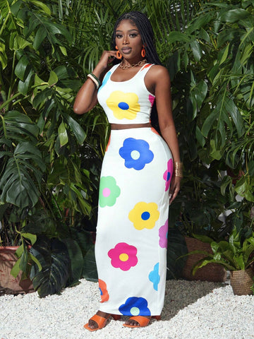 Summer Leisure Vacation U-Neck Sleeveless Truncated Slim Vest Hip-Covering Long Skirt White Background Colorful Flower Print Women's Two-Piece Set