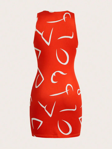 Summer New Casual Basic Sleeveless Knit Mini Dress With Printed Design And Elasticity Fabric