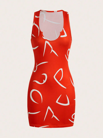 Summer New Casual Basic Sleeveless Knit Mini Dress With Printed Design And Elasticity Fabric