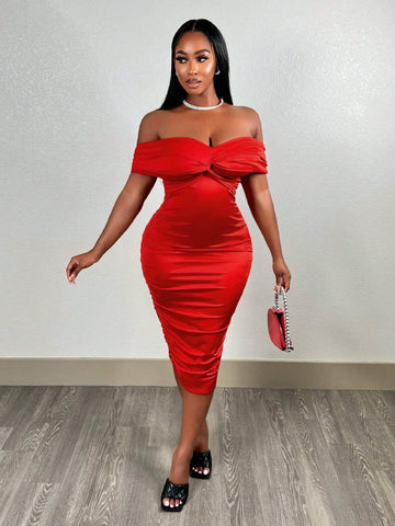 Summer Party Party Elegant One Shoulder Knot Front Slim Fit Mid-Length Red Glossy Silky Knitted