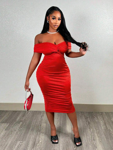 Summer Party Party Elegant One Shoulder Knot Front Slim Fit Mid-Length Red Glossy Silky Knitted