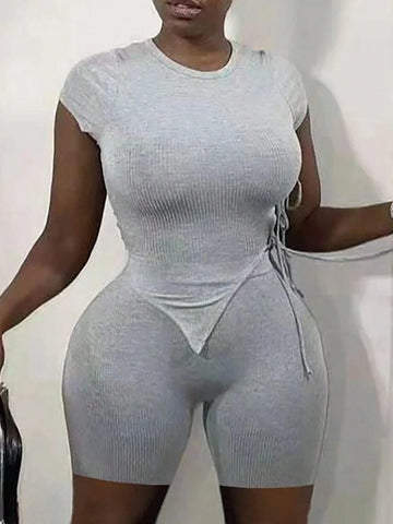 Summer Solid Color Asymmetrical Hem Slim Fit Short Sleeve Top And Shorts Set With Side Tie