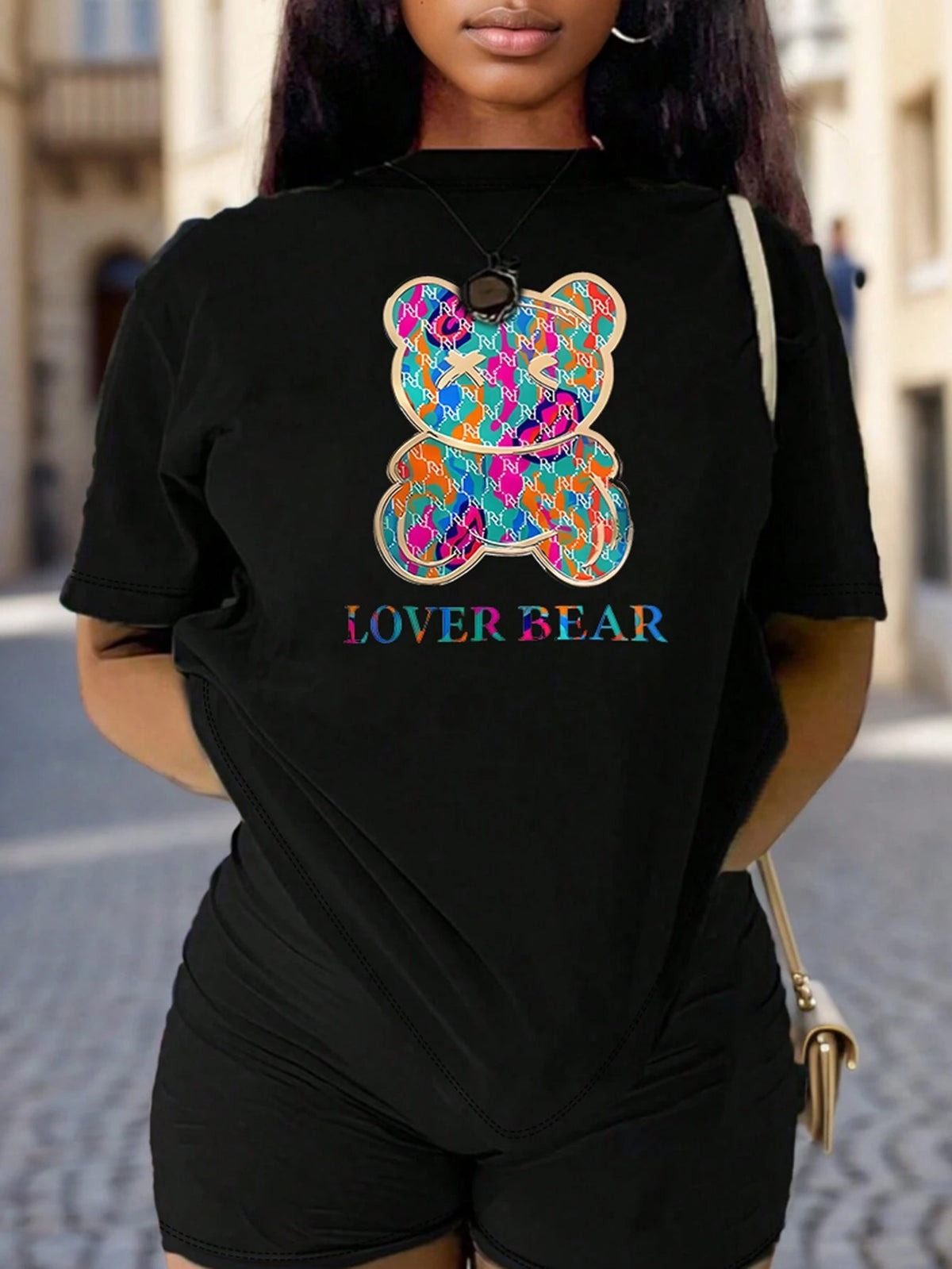 Summer Sports And Casual Style Colorful Bear Pattern Printed T-Shirt And Shorts Set