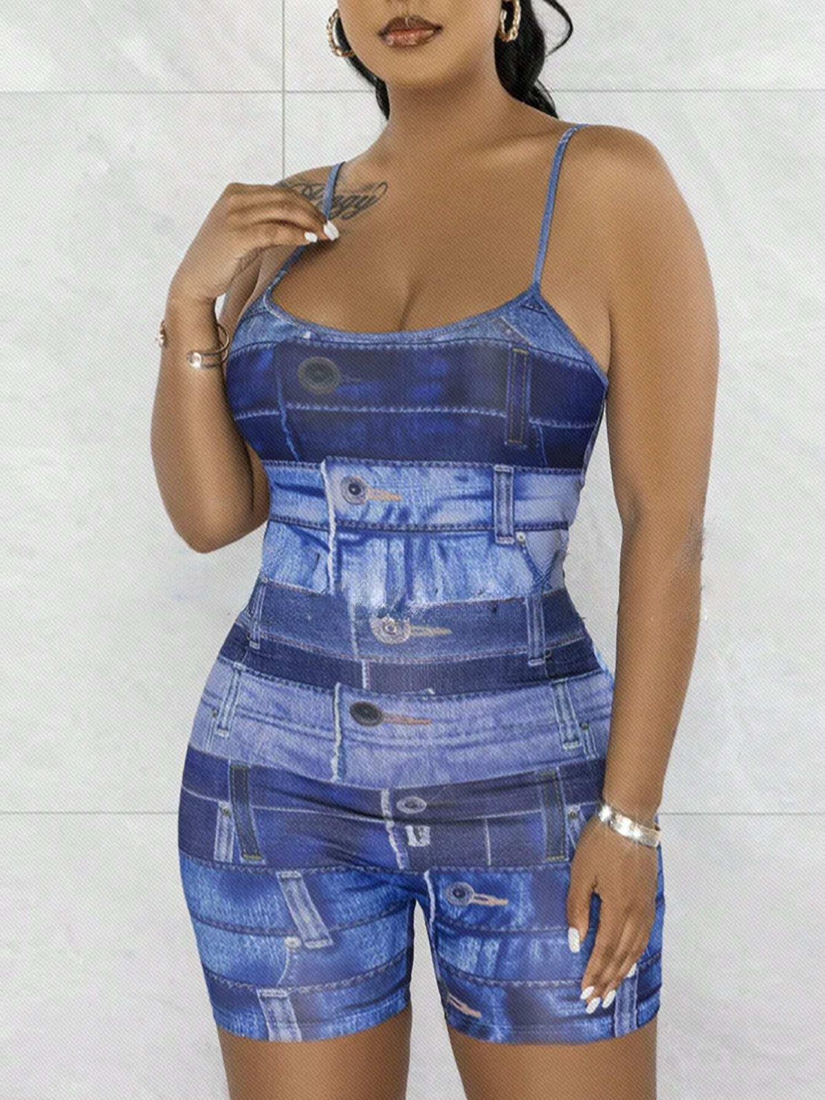 Summer Suspender U-Neck All-Over Denim Waistband Printed Pattern Tight Shorts Women's Tight Jumpsuit-L