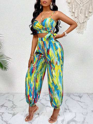 Summer Two Piece Outfits Tie Dye Knot Front Cami Top & Carrot Pants