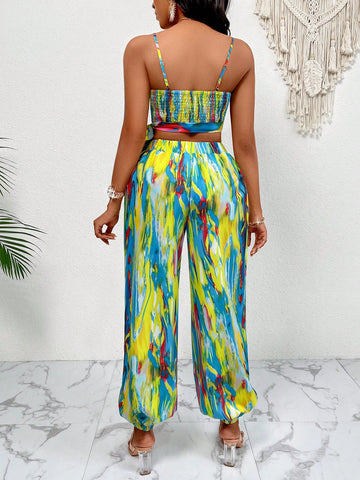 Summer Two Piece Outfits Tie Dye Knot Front Cami Top & Carrot Pants
